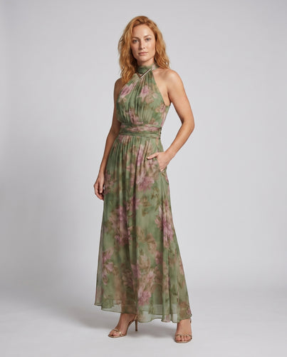Damen Maxi-Kleid mit haltem Ausschnitt und floralen Details R&B