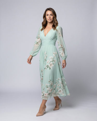 Damen Maxikleid mit tiefem V-Ausschnitt und floralen Details R&B