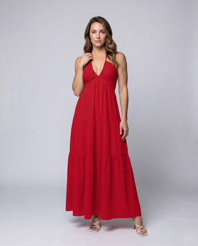 Damen Maxikleid mit tiefem V-Ausschnitt und leichtem Plisseefinish R&B