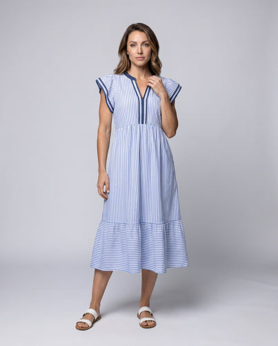 Damen Midi-Kleid mit Volant und eingefasstem V-Ausschnitt R&B