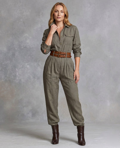 Damen Utility-Jumpsuit mit tiefem Kragen und praktischem Taillengürtel R&B