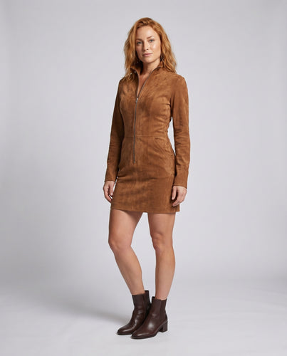 Damen Wildlederkleid mit hohem Kragen und durchgehendem Reißverschluss R&B