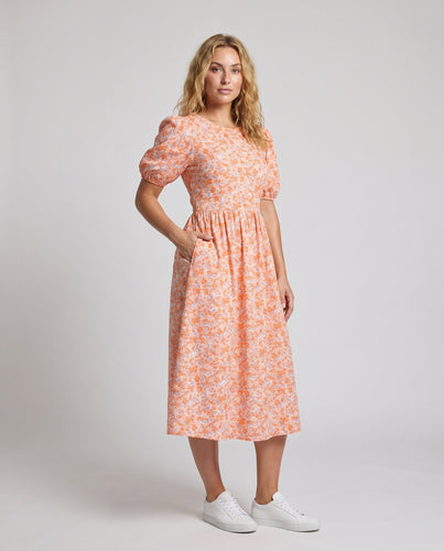 Damen Blumen-Midikleid mit weit geschnittenen Puffärmeln