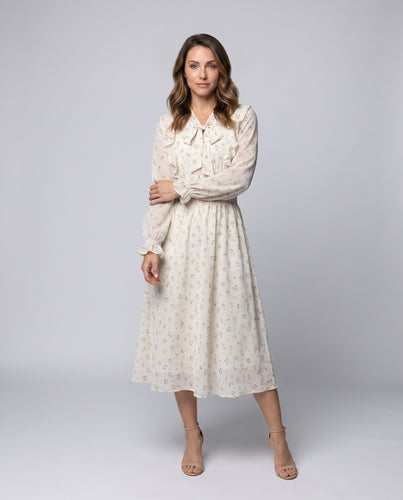 Damen Blumenmuster Maxikleid mit Schleifenkragen und langen Ärmeln