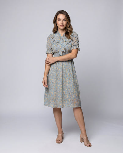 Damen Blumiges Blusenkleid mit Rüschen und eleganter Schleifenbindung