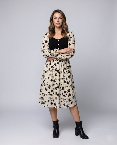 Damen Blumiges Midi-Kleid mit Knopfleiste und langen Ärmeln