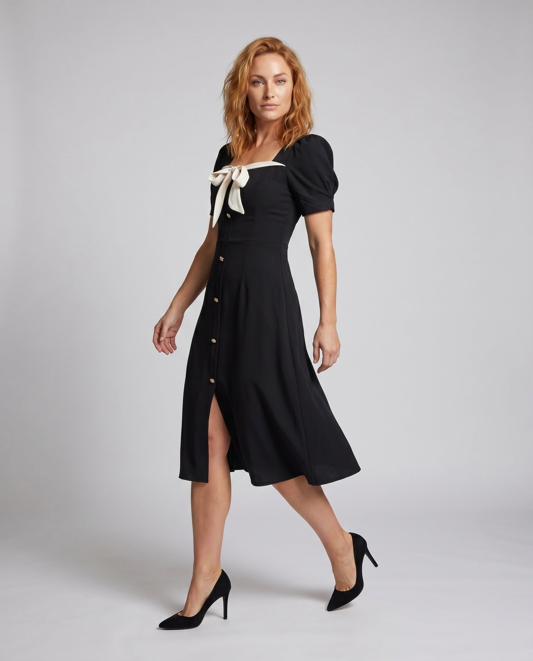 Damen Elegantes Kleid mit Puffärmeln und dekorativem Bindegürtel