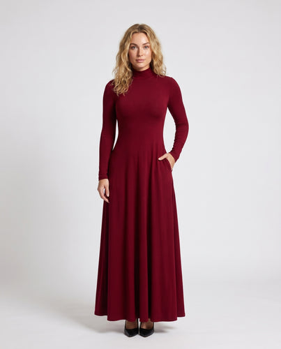 Damen Elegantes Maxikleid mit hohem Kragen und schwingendem Saum
