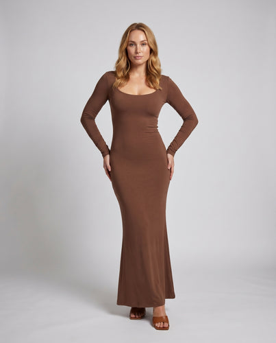 Damen Figurbetontes Maxikleid mit langen Ärmeln und elegantem Rundhalsausschnitt