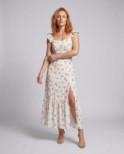 Damen Floral Midi-Kleid mit voluminösen Rüschendetails