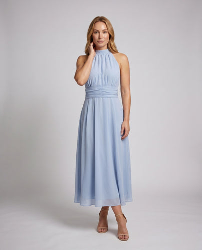 Damen Halterneck Maxikleid mit taillierter Silhouette und fließendem Rock