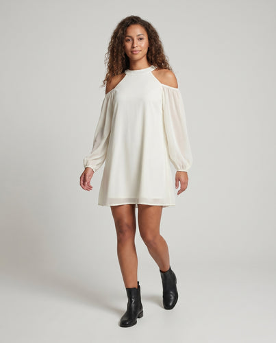 Damen luftiges Off-Shoulder Kleid mit Puffärmeln und schwingendem Rock