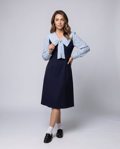 Damen Midi-Kleid mit großen Kragen und Schleifen-Detail