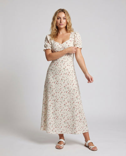 Damen Midi-Wickelkleid mit Puffärmeln und floralen Akzenten