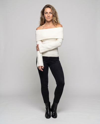 Damen Off-Shoulder Strickoberteil mit breitem Bund und langen Ärmeln R&B