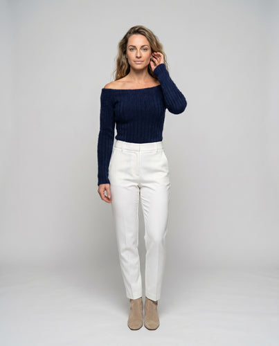 Damen Off-Shoulder Strickpullover mit feinen Rippenstrukturen R&B