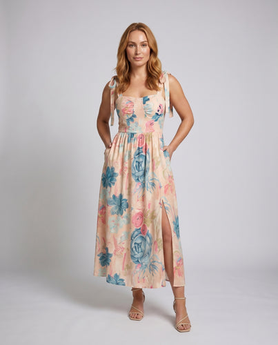 Damen Sommerliches Maxikleid mit verspieltem Blütenmuster und schulterfreien Trägern R&B