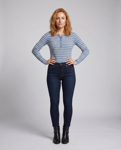 Damen Rippstrickshirt mit Knopfleiste und Längsstreifen R&B