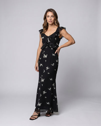 Damen romantisches Maxikleid mit Rüschendetails und Schmetterlingsmuster R&B