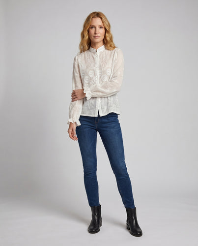 Damen Elegante Bluse mit floralen Stickereien und femininen Puffärmeln R&B
