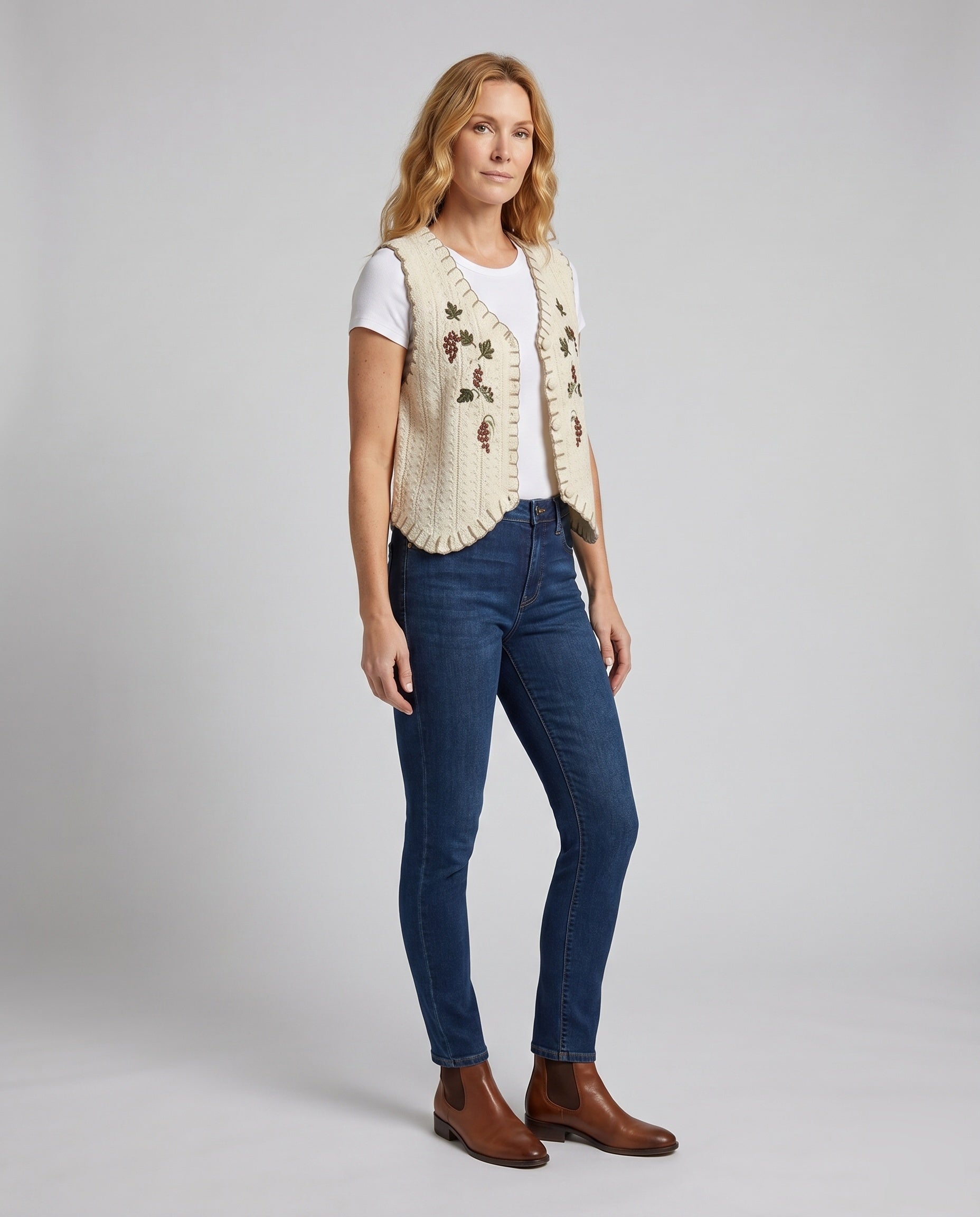 Damen elegante gehäkelte Weste mit floralen Applikationen R&B