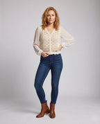 Damen elegante Häkelbluse mit transparenten Puffärmeln und fransigem Abschluss R&B