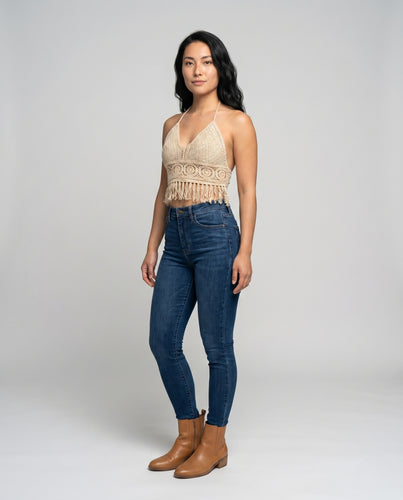 Damen elegantes gehäkeltes Top mit fransigem Saum R&B