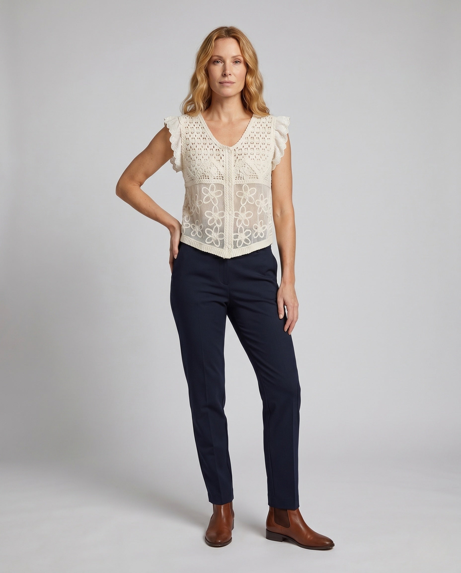 Damen gehäkelte Bluse mit romantischen Spitzenärmel R&B