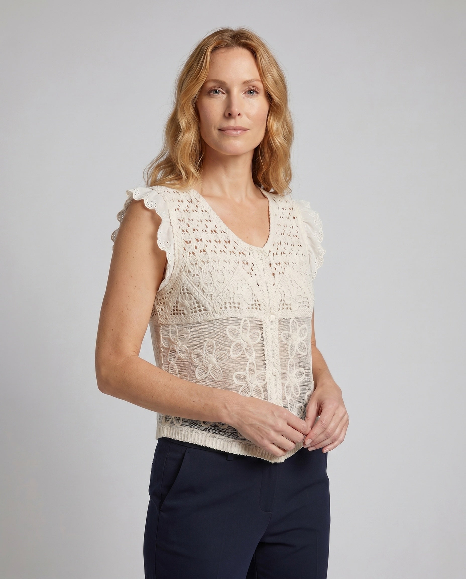 Damen gehäkelte Bluse mit romantischen Spitzenärmel R&B