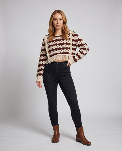 Damen gehäkelte Crop-Top mit Fransen und dekorativem Muster R&B