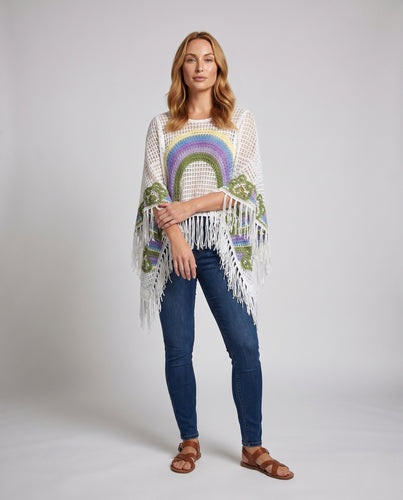 Damen gehäkelte Poncho mit buntem Regenbogenmuster und Fransen R&B