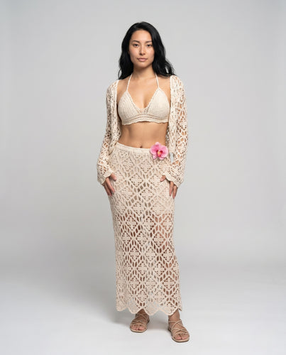 Damen gehäkelter Zweiteiler mit floralem Design R&B