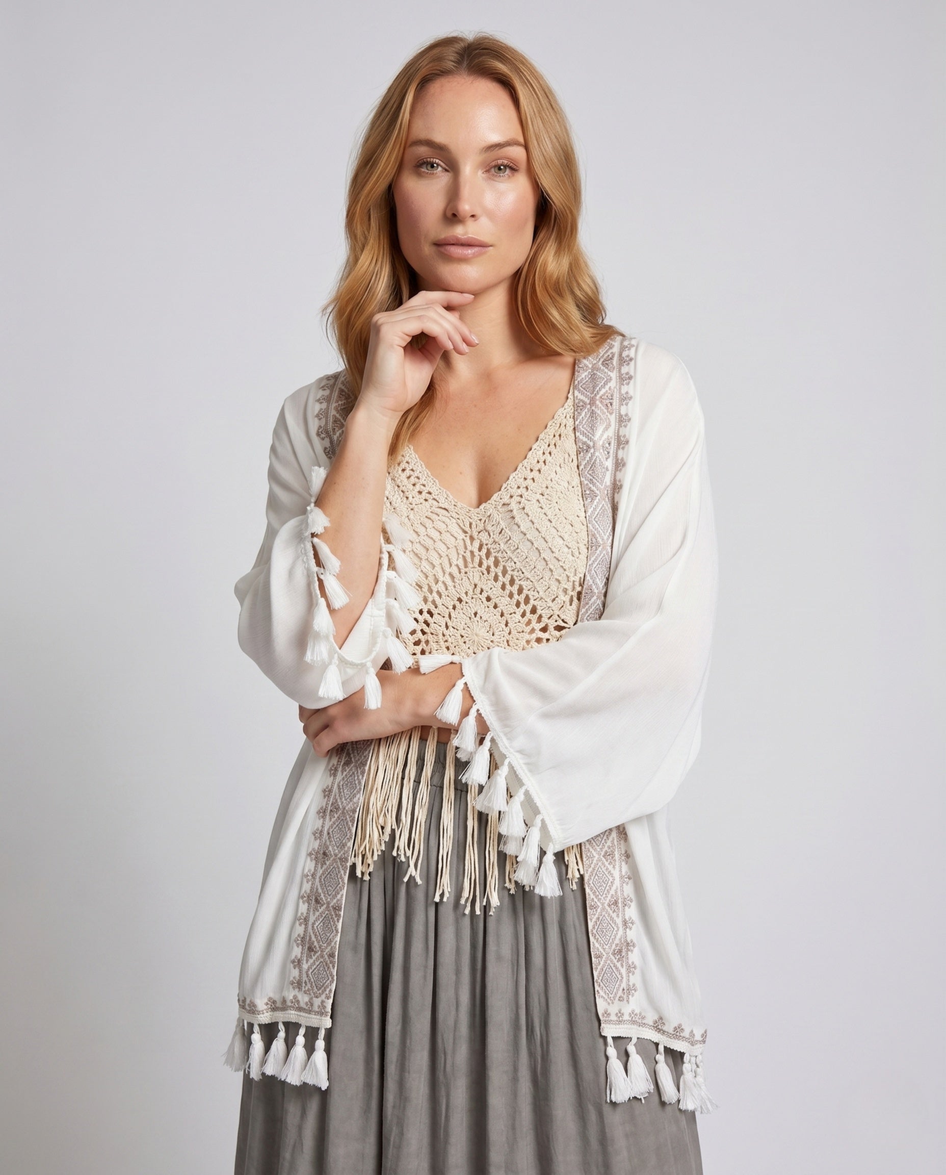 Damen gehäkeltes Crop-Top mit Fransen und romantischem Design R&B