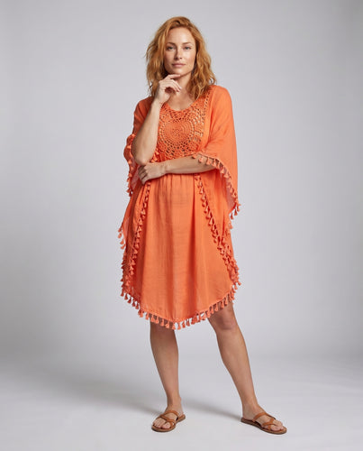 Damen Häkelponcho mit dekorativem Saum und Fransen R&B