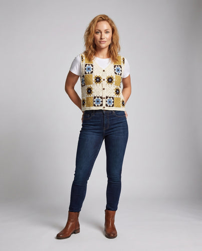 Damen Häkelweste mit buntem Patchwork-Design R&B