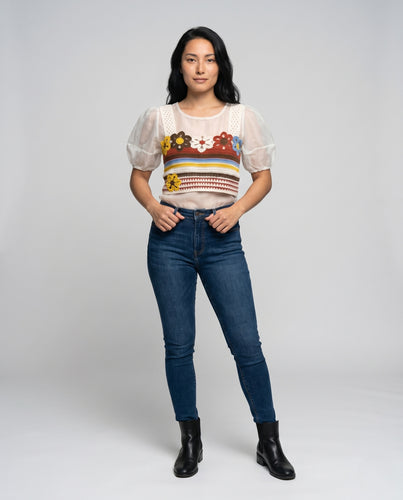 Damen lässiges gehäkeltes Oberteil mit bunten Blumenmotiven R&B