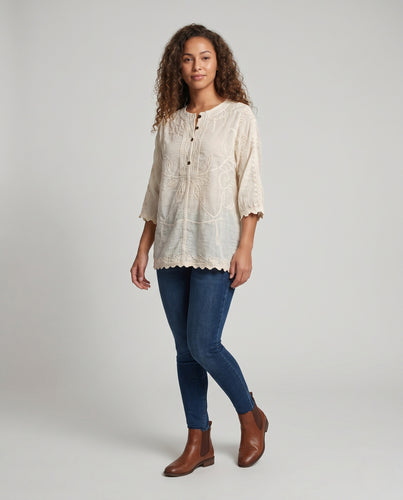 Damen luftige Häkelbluse mit floralen Details R&B