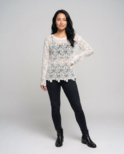 Damen luftiger Häkelpullover mit romantischen Blumenmustern R&B