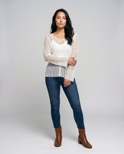 Damen luftiger Häkelpullover mit Spitzenärmel R&B