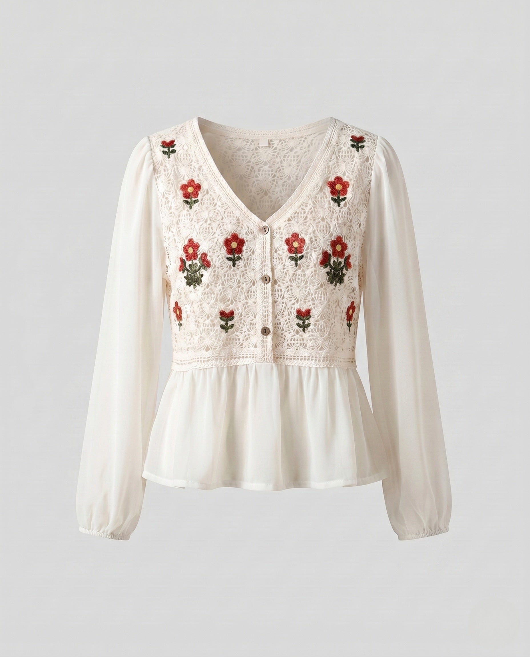 Damen romantische Häkelbluse mit floralen Verzierungen und Knopfleiste R&B