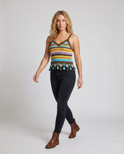 Damen sommerliches Häkel-Crop-Top mit bunten Streifen R&B