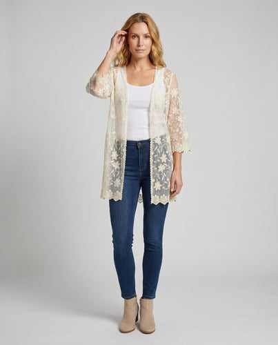 Damen Spitzenjacke mit floralen Stickereien und leicht transparenter Struktur R&B