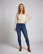 Damen transparente Bluse mit floralen Stickereien und Knopfleiste R&B