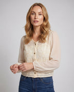 Damen transparente Bluse mit floralen Stickereien und Knopfleiste R&B