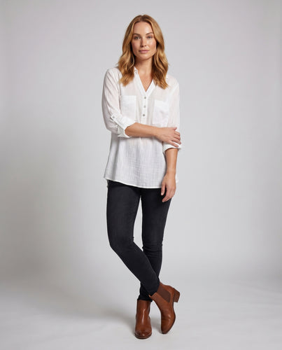 Damen Lässige Seidenbluse mit Knopfdetails und Taschen R&B