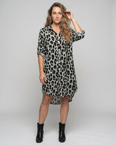 Damen Leichtes Kurzarmhemdkleid mit Animal-Print R&B