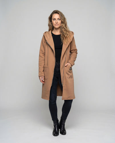 Damen sportliche Longjacke mit Kapuze und praktischen Taschen R&B