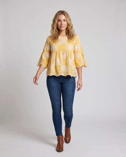 Damen Bluse mit floralen Spitzenakzenten und weit ausgestellten Ärmeln R&B