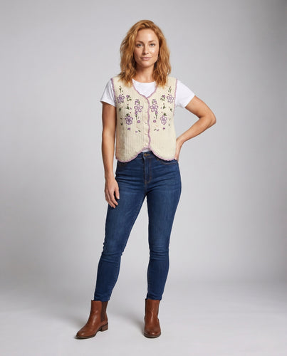 Damen gehäkelte Weste mit floralen Applikationen und femininem Schnitt R&B