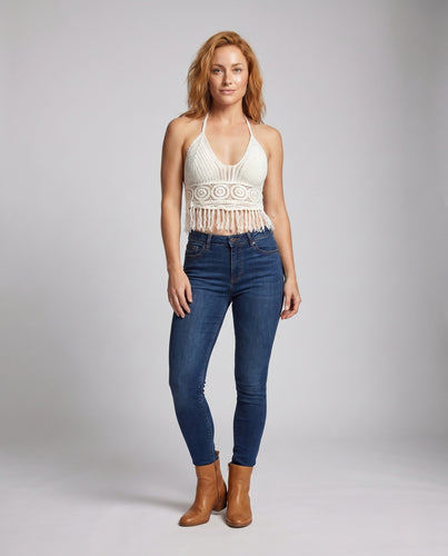 Damen gehäkeltes Crop-Top mit verspieltem Fransen und dekorativen Mustern R&B